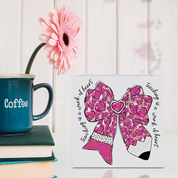 Teacher Valentine Decor Gift, Teacher Appreciation Gifts, Vintage Valentines Day Gifts for Teachers, Graduation Birthday Gift, Pink Glitter Bow Pencil Wooden Box Sign for Office Desk Decor