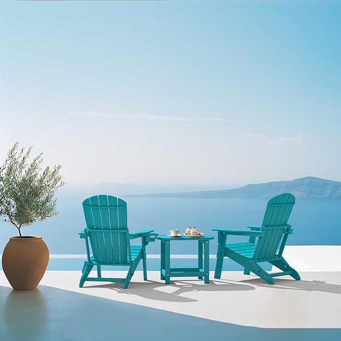 Plawdlik Folding Adirondack Chair Set of 6 with Cup Holder，Wooden Textured ，Heavy All-Weather HDPE Comfortable Set Poolside Backyard Lawn, Aruba Blue