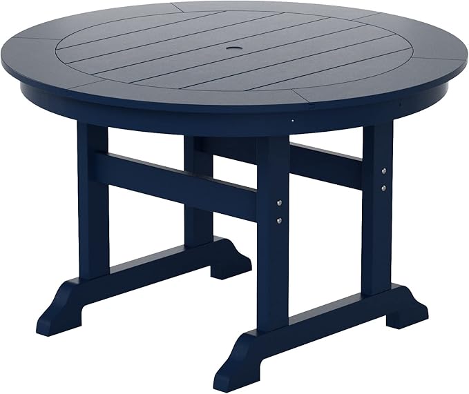 WestinTrends Malibu 5 Piece Adirondack Patio Dining Set, All Weather Poly Lumber Outdoor Table and Chairs Furniture Set, 47" Trestle Round Dining Table and 4 Adirondack Dining Chair, Navy Blue