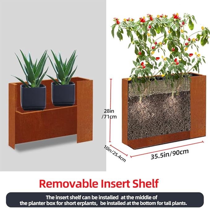 Megawodar Metal Tall Long Planter Box Large Rectangular Planter Flower Pot with Drainage Holes for Indoor Outdoor Deck Porch Garden Home Patio Front Door (Rusty Orange, M)