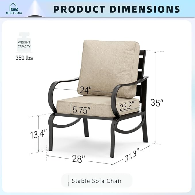 MFSTUDIO Metal Patio Conversation Sets, Outdoor Furniture Sofas Set of 2, 2 Pieces Durable Steel Frame Patio Chairs with 5.8" Beige Cushions for Patio Garden Backyard Balcony