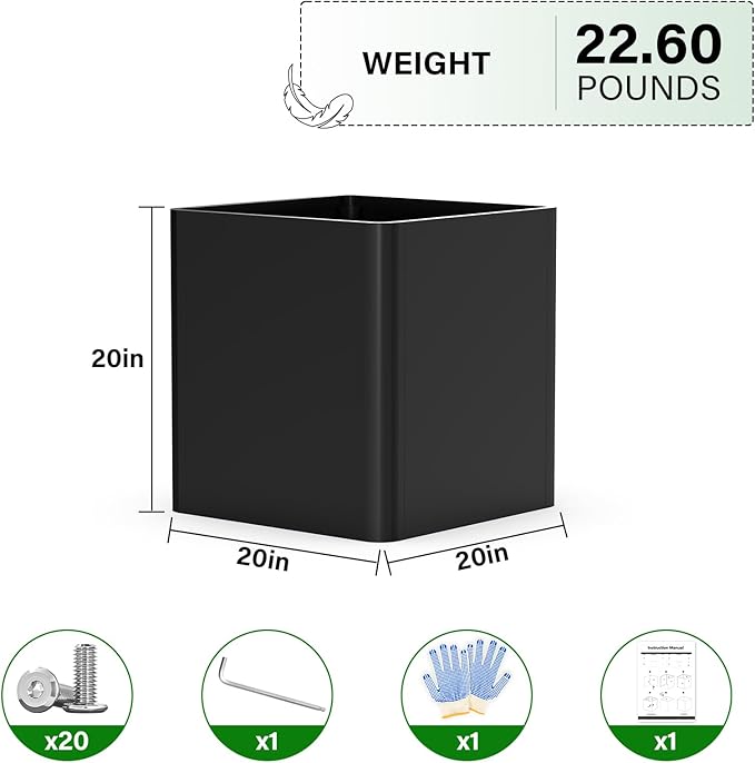 BHCORTEN Large Metal Square Planter 20" L x 20" W x 20" H, Black Large Outdoor Planters with Drainage Hole for Porch/Patio/Garden