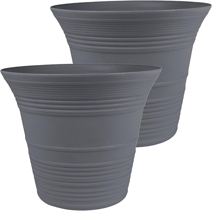 The HC Companies 14 Inch Sedona Round Self Watering Planter Pots, Lightweight UV-Resistant Plastic Indoor & Outdoor Planters, 2-Pack Flower Pots for Garden & Home Decor, Warm Gray