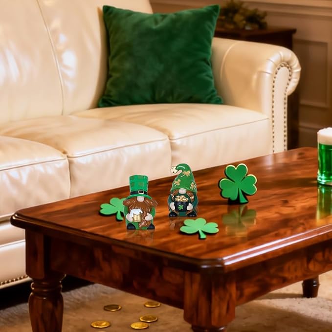 MEETYAMOR St Patricks Day Decorations, 2 PCS Handmade Gnome Resin Figurine for St Patricks Day Decor, Irish Green Clover Leprechaun Figurines Standing for Home Table, Mantel, Shelf