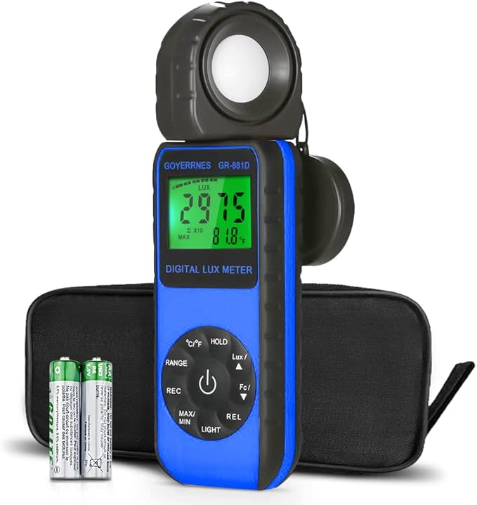 GOYERRNES Illuminance Light Meter, Digital Lux Foot Candles Meter 0.1~400,000 Lux (0.1~40,000 FC) with 270º Rotatable Detector, Lumen Meter Luxmeter for Indoor Outdoor 881D