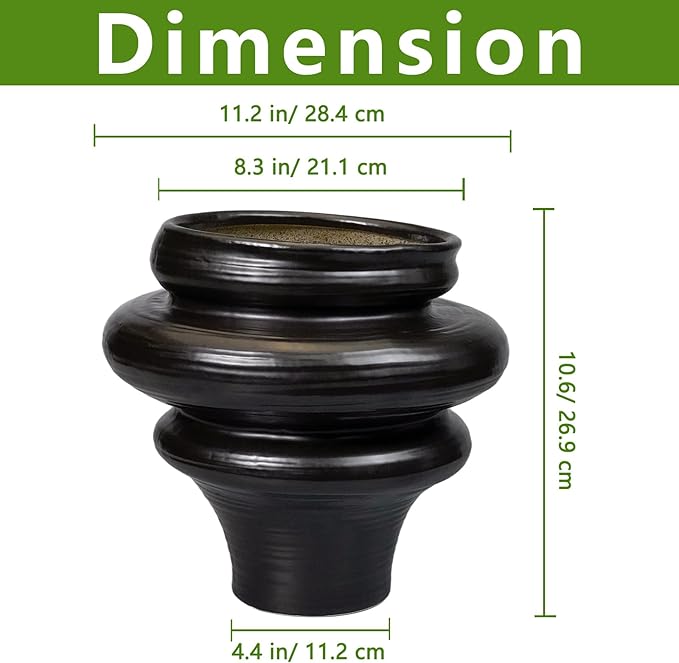 Teagas Ceramic Plant Pots 11 Inch - Bonsai Planters for Indoor Plants Outdoor Plants, Pot for Plant with Drainage Hole, Decorative Flower Pots for Home Decor, Gift for Men Women, Black