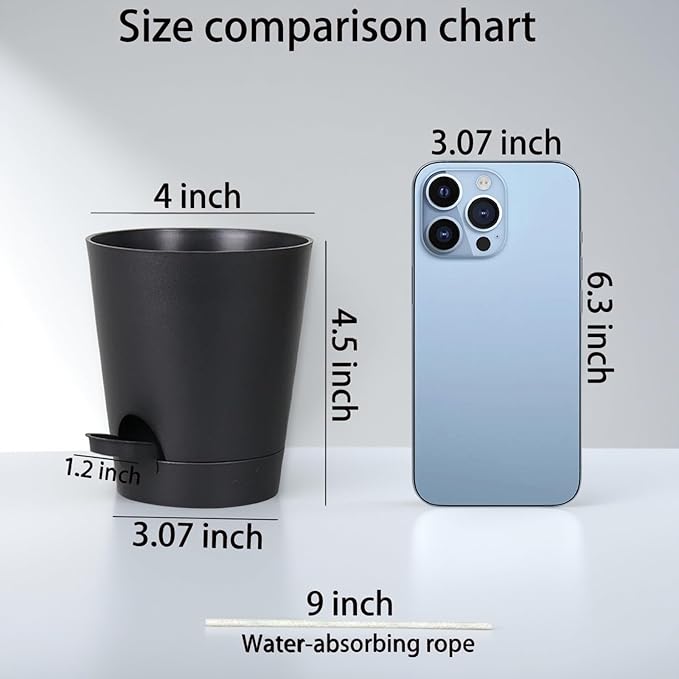 zople 12 Pack 4 Inch Self Watering Plant Pots with Drainage and Saucers，Plastic Flower Pots for Indoor and Outdoor Plants, Nursery Planters for Houseplants and Herbs Black, 4 inch 12pcs