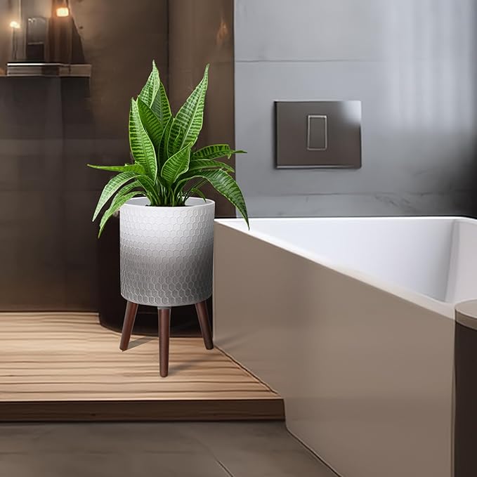 Opnons 12 Inches Indoor Plant Pot with Walnut Color Stand Honeycomb Embossed Flower Pot with Drainage Holes Large Modern Planters for Indoor Plants-Gradient White Gray