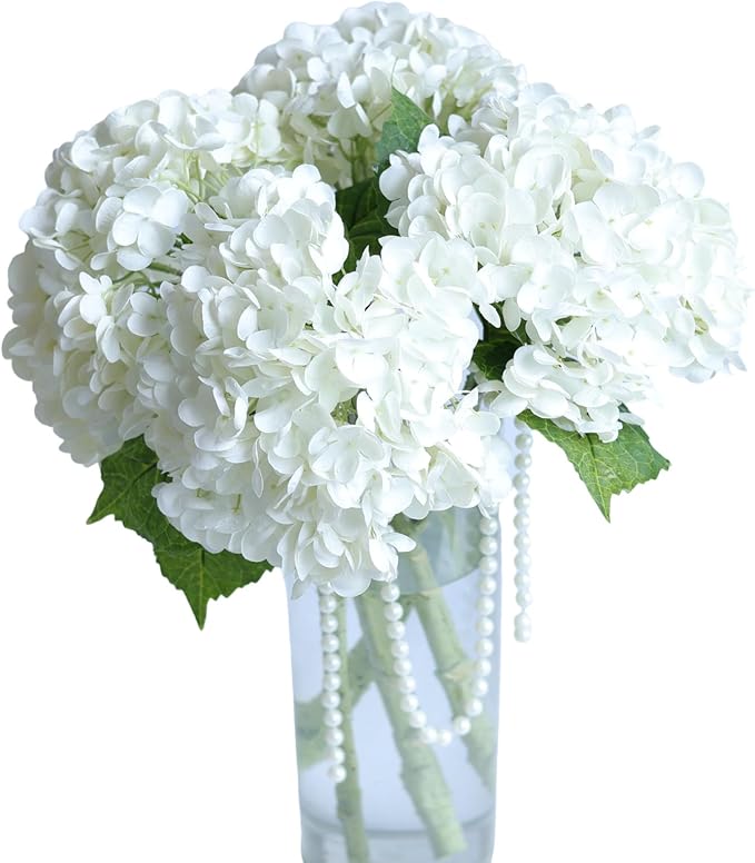 White Hydrangea Artificial Flowers - High-End 22.5cm Oversized Heads (4pcs) | Real-Touch Design | Perfect for Christmas, Weddings, Home Decor, Parties & Outdoor Use（White）