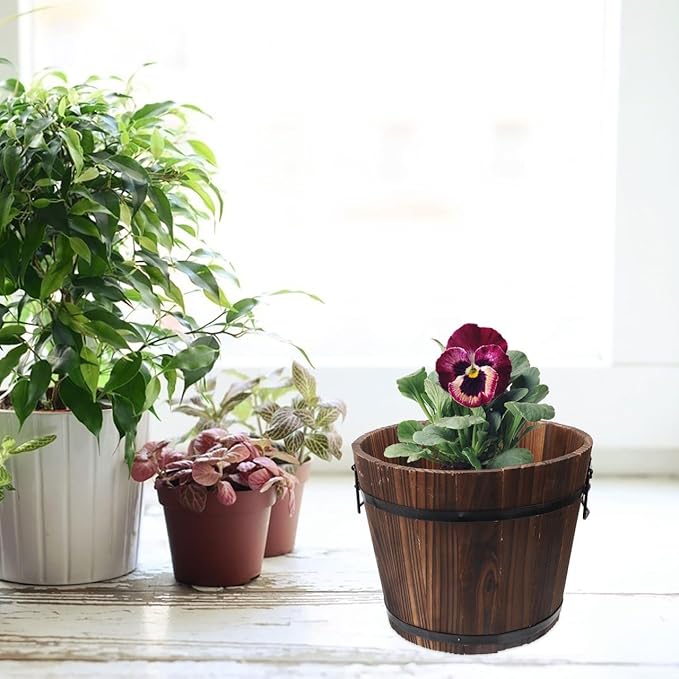 Vaguelly Rustic Wooden Barrels Planters Whiskey Barrels Bucket with Handle, Flower Planter Plant Pots Container Water Wishing Well Pail Garden Backyard Outdoor Indoor Decor
