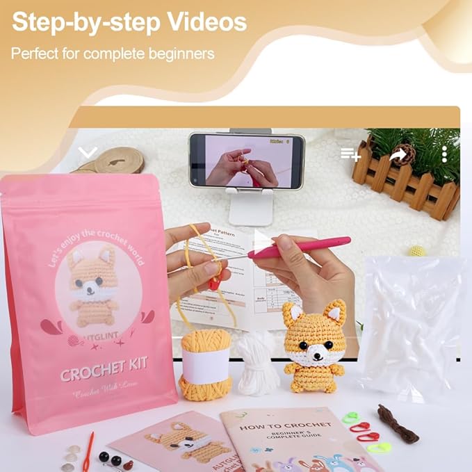 Fox Amigurumi Crochet Kit for Beginners - Forest Friends Animal DIY Starter Set with Slow-Motion Video Guides | Premium Non-Fraying Tube Yarn & 40% Extra Material | Creative Craft Keepsake Gift