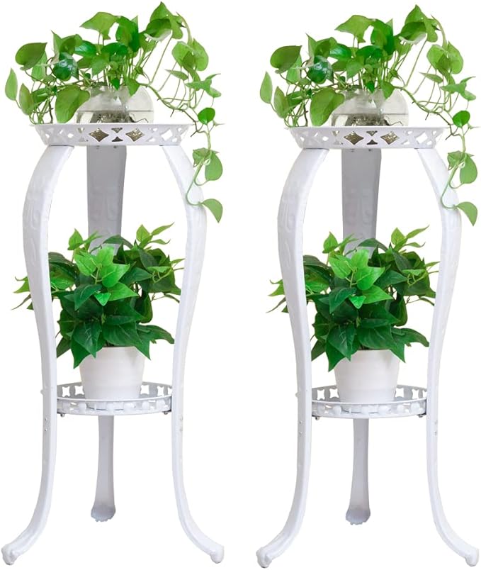 2 Pack Metal Potted Plant Stand 2 Tier Tall Flower Pot Stands Decorative Flower Pot Rack Planter Holders Indoor Outdoor