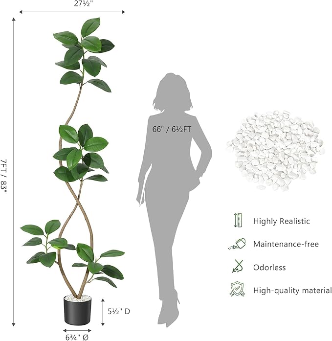 Artificial Rubber Tree for Home Décor – Tall Faux Fiddle Leaf Fig with Real Touch Leaves – Black or White Planter & White Stones – Lifelike Exotic Indoor Floor Plant – 7FT