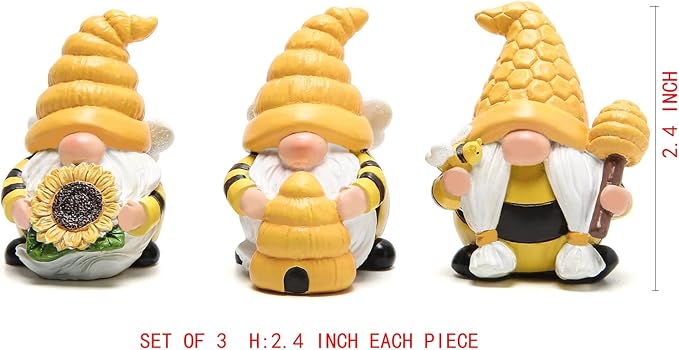 Hodao 3 PCS Bumble Bee Spring Gnome Figurines Decorations Honey Elf Ornaments World Bee Day Decor Gifts for Home, Porch, Yard, Flower Bed Outdoor Garden Decor Gifts for Women, Mom