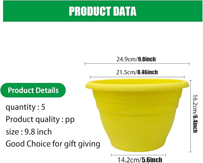 RooTrimmer Plant Pots Set of 5 for Indoor & Outdoor Plants,10 Inch Lightweight Plastic Planters with Drainage Holes,Flower Pots for Healthy Root Growth(Yellow)