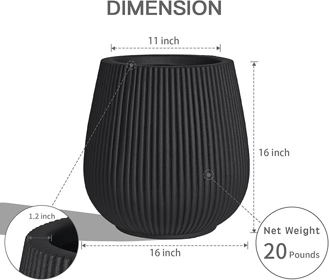 TerraDeco 16 Inch Handmade Concrete Outdoor Planter - Classic Striped Design | Fiberglass & Composite Material | Durable for Commercial & Home Decor