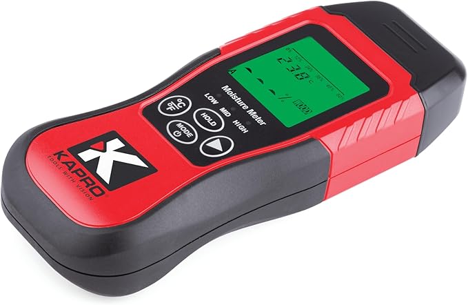 Kapro - 379 Moisture Meter with Temperature Detection - Measures Wood Moisture and Temperature in Fahrenheit and Celsius - Features 8 Calibration Scales - Back-Lit Display & Auto-Power Shut Off