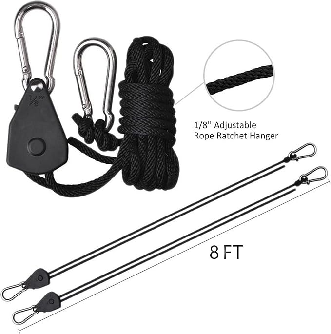 OneChoi Grow Light Rope Hanger 50Pairs，1/8" 8-Feet Long Heavy Duty Adjustable Rope Clip Hanger, Adjustable Rope Ratchet Hangers 150 Lbs per Pair Used with Grow Light, Grow Bags