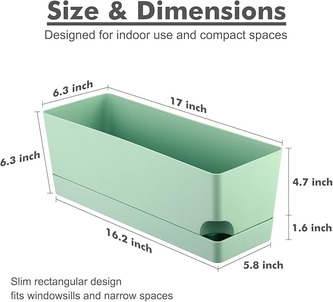 Party Zealot Window Boxes Planters, 5 Pack Self Watering Pots for Indoor Plants 17 Inch Rectangular Planter Rectangle Flower Pots Long Plant Pot Large Window Sill Herb Planter Box, Green