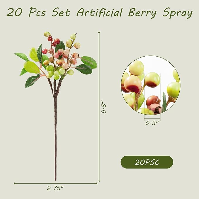 SHACOS Artificial Pink Berry Stems 20 PCS Fake Berries Branches Spray with Green Leaves 9.8 inch Small Berry Picks for Christmas Decorations Crafts Filler Holiday Home Decor, Pink