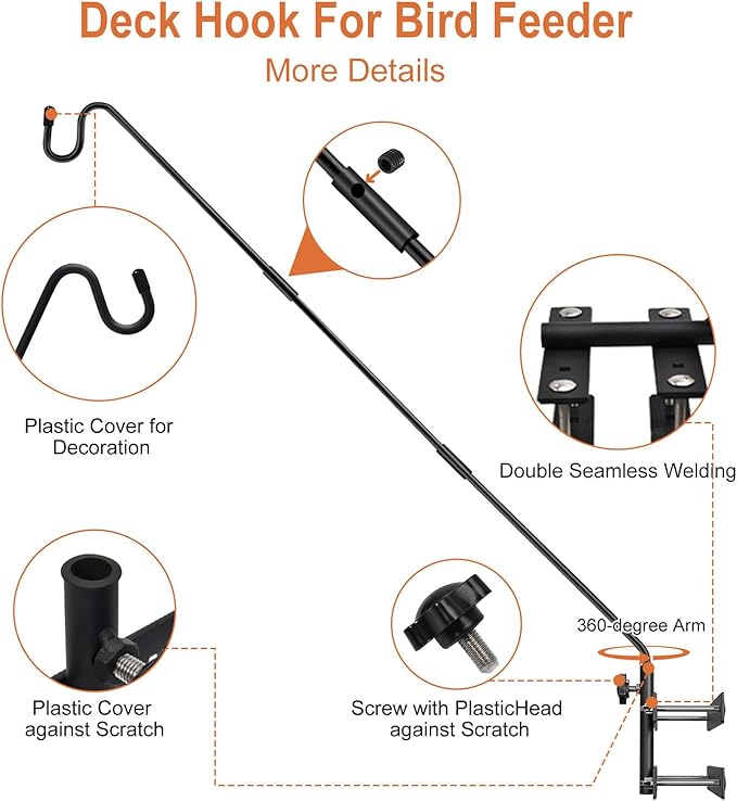 IVOODi Heavy Duty Deck Hook-Deck Railing Plant Hanger, 29 to 43 Inch Extended Bird Feeder Hanger W/Double Clamps,Versatile Deck Shepherd Hook for Hanging Bird Feeders,Lanterns,Planters etc.