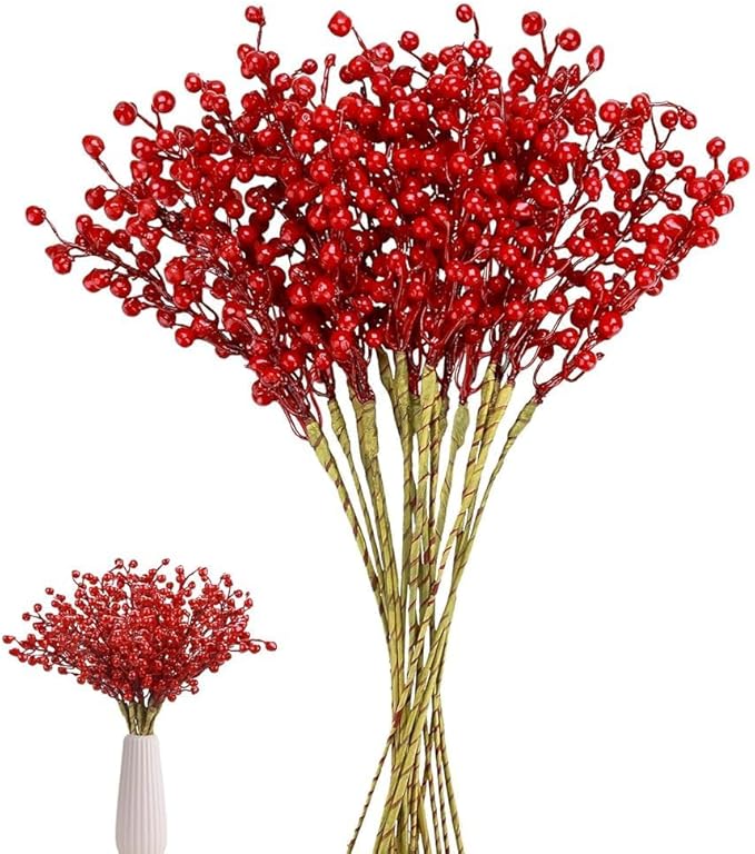 8 Pack Artificial Red Berry Stems Holly for Christmas Tree Decorations for Crafts, Holiday and Home Decor