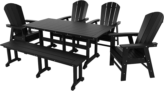 WestinTrends Malibu 6 Piece Adirondack Patio Dining Set with Bench, All Weather Poly Lumber Outdoor Table and Chairs, 71" Trestle Dining Table, 4 Adirondack Chair with Dining Bench, Black