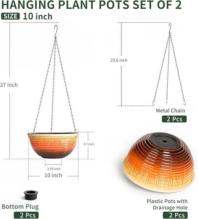 LESOASIS 10inch Hanging Planters for Indoor and Outdoor Plants, 2 Pack Hanging Planter with Drainage Hole, Round Hanging Flower Pots for Garden Home Decor (Orange Glaze)