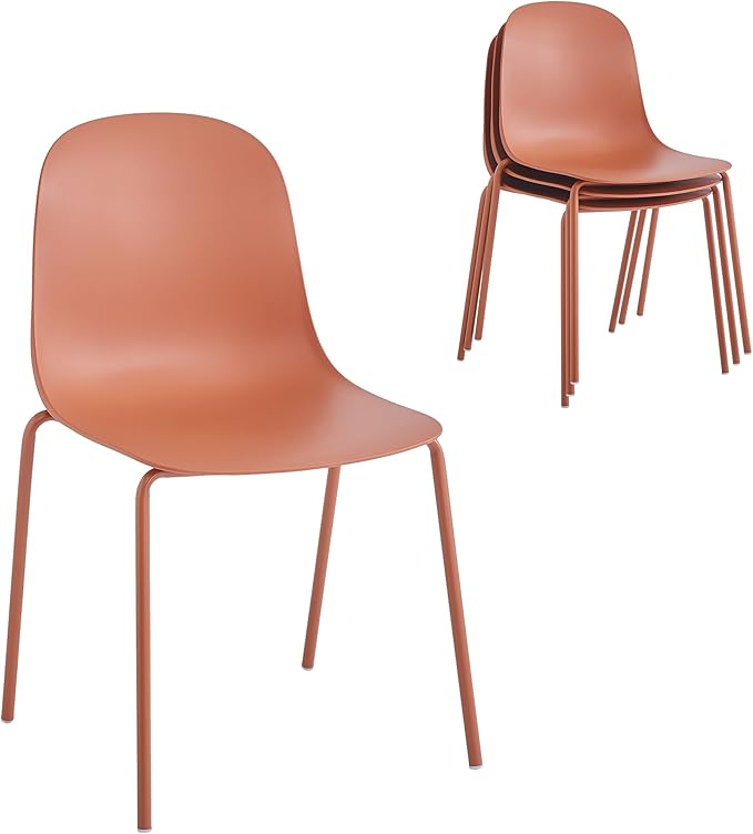 Plastic Stackable Dining Chairs Set of 4, Modern Outdoor Patio Chairs with Metal Legs for Patio Cafes, Restaurants and Office Waiting Room (Terracotta)