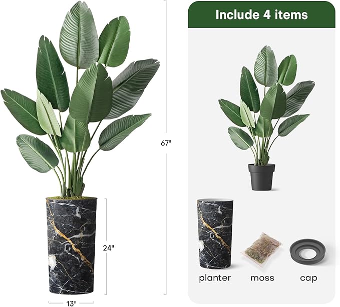 Artificial Tree in Modern Granite Effect Planter, Fake Bird of Paradise Silk Trees for Indoor and Outdoor Home Decoration - 67" Overall Tall (Plant Pot Plus Tree)