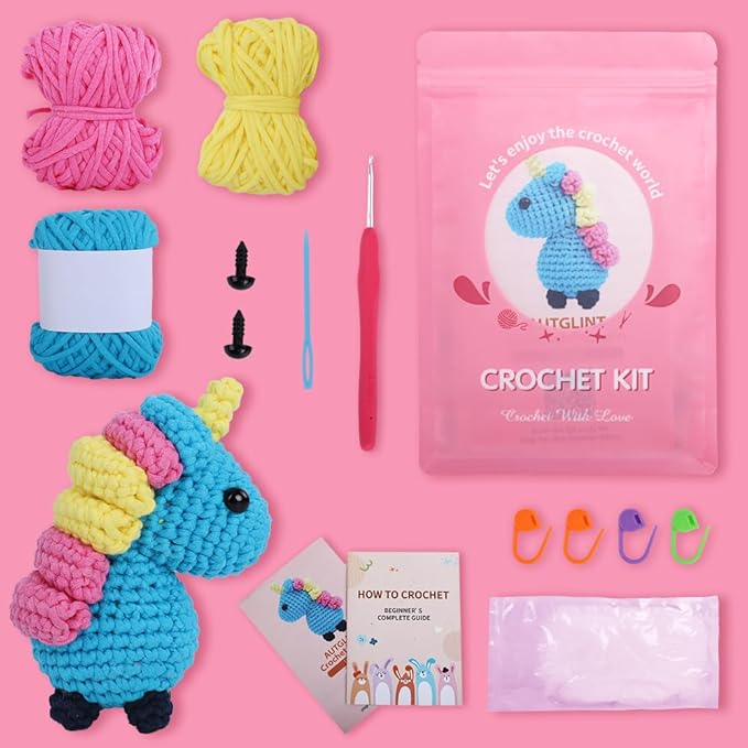 Autglint Unicorn Crochet Kit for Beginners - Magical Rainbow Amigurumi DIY Starter Set with Multi-Color Yarn | Step-by-Step Video Lessons & Pre-Started Piece | Dreamy Craft Gift for Teens