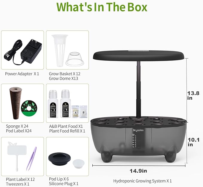 DRYADES 12-Pod Indoor Herb Garden Hydroponics Growing System Kit with LED Grow Light, Indoor Gardening System for Herbs, Vegetables, Lettuce on Countertop (Seeds NOT Included)