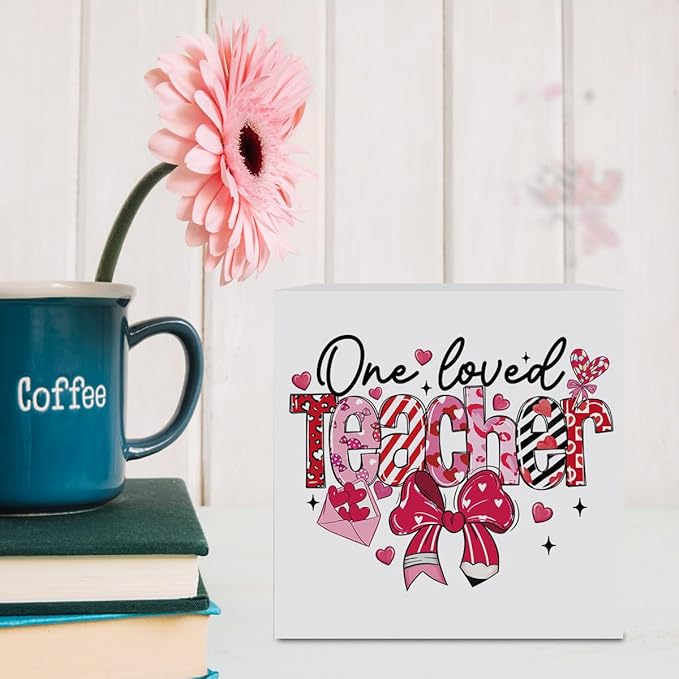 Teacher Valentine Decor Gift, Vintage Valentines Day Gifts for Teachers, Teacher Appreciation Gifts, Birthday Retirement Thank You Gift, Coquette Bow Pencil Wooden Box Sign for Office Desk Decor
