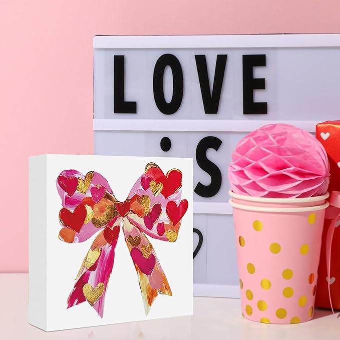 Valentines Day Decorations, Valentines Day Gifts for Her Him, Gift for Boyfriend Girlfriend, Romantic Pink Heart Bow Brushstroke Anniversary Wooden Box Sign Husband Wife Home Office Desk Decor