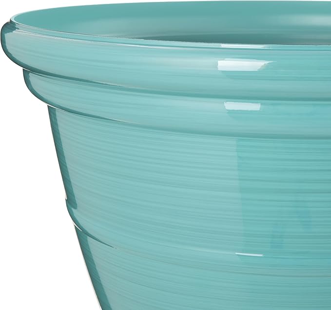 Glitzhome 19.5"D Tall Planters, Large Flower Pots with Turquoise Faux Ceramic Finish, Plastic Tall Planters for Outdoor Plants with Drainage Holes,Round Plant Pots for Front Porch Patio Deck, Set of 2