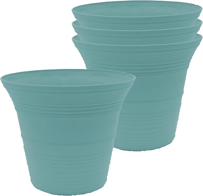 The HC Companies 9 Inch Sedona Round Self Watering Planter Pots, Lightweight UV-Resistant Plastic Indoor & Outdoor Planters, 4-Pack Flower Pots for Garden & Home Decor, Dusty Teal