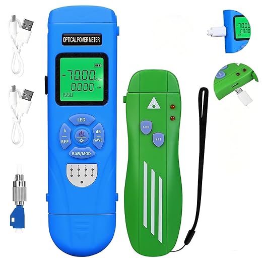 3-Piece Kit High Precision Rechargeable Optical Power Meter L-C7 (-70~+10dBm) Built in RJ45/LED Function Fiber Tester & Rechargeable VFL for SC/FC/ST/LC Interface, with FC-LC Adapter