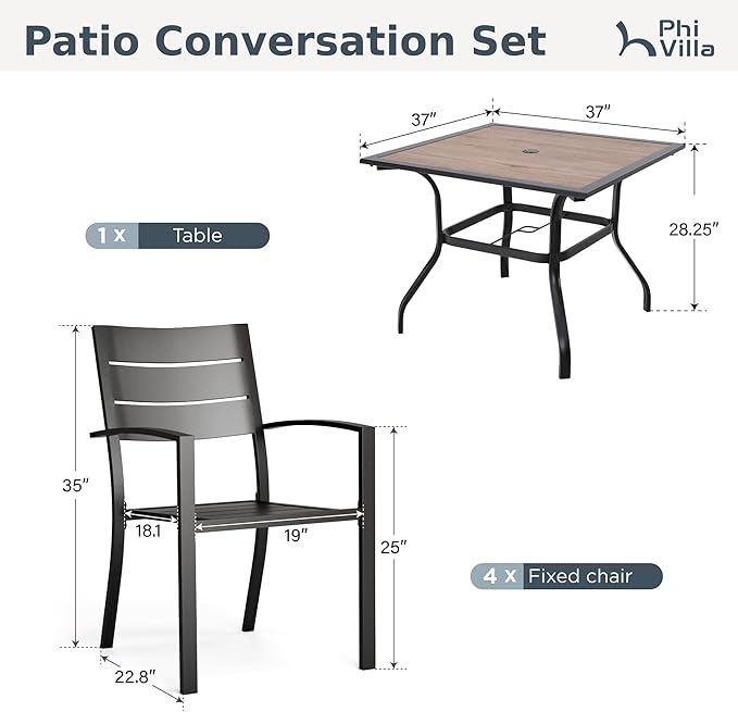 PHI VILLA 5 Pieces Outdoor Patio Dining Set for 4, 37" Square Metal Table with Polywood Top & Stackable Wrought Iron Chairs, Outside Furniture Set with Umbrella Hole for Deck, Porch, Backyard