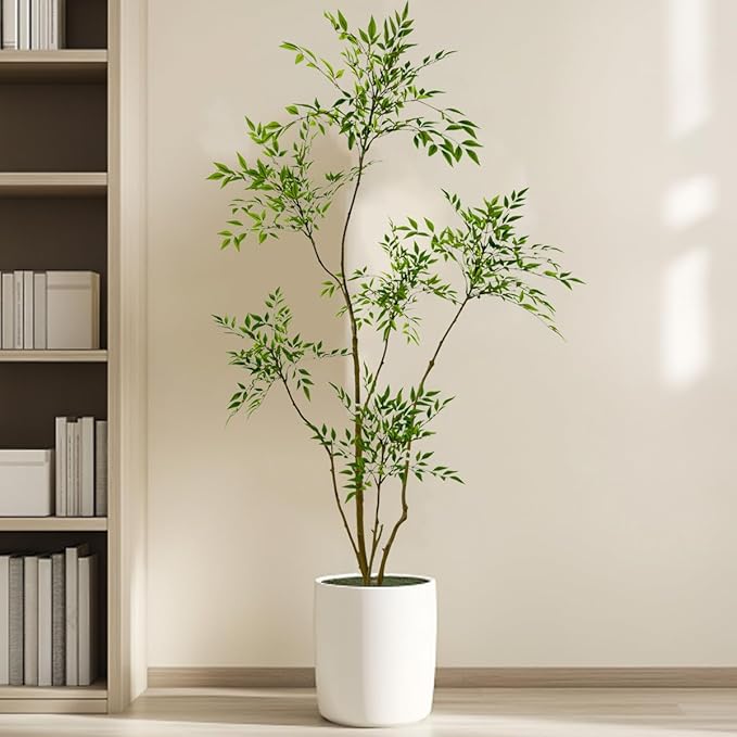 Artificial Nandina Domestica Tree, 6 ft Tall Indoor Plant, Potted Faux Greenery with Natural Stems