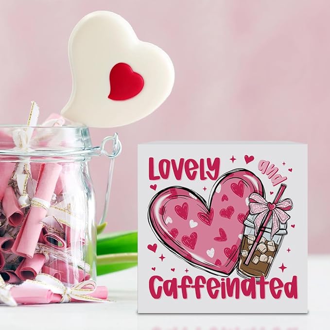 Valentines Day Decorations, Valentines Day Gifts for Her Him, Gift for Boyfriend Girlfriend, Pink Heart Bow Coffee Anniversary Wooden Box Sign Husband Wife Coffee lover Home Office Bedroom Desk Decor