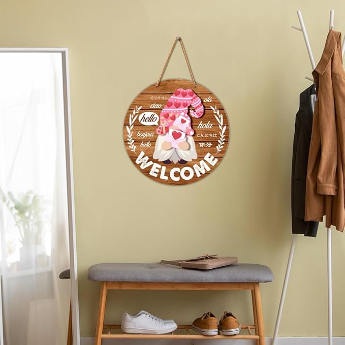 Interchangeable Gnome Welcome Sign Valentine's Day Door Decor, Changeable Gnomes Front Porch Decorations Wall Hanging Wood Wreath Hangers for Spring Summer Fall Winter All Seasons Holiday, Rufous