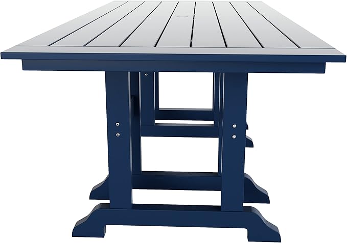 WestinTrends Malibu 7 Piece Adirondack Outdoor Dining Set, All Weather Poly Lumber Patio Table and Chairs Furniture Set, 71" Trestle Dining Table and 6 Adirondack Dining Chair, Navy Blue