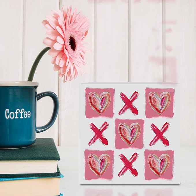 Valentines Day Decorations, Valentines Day Gifts for Her Him, Gift for Boyfriend Girlfriend, Vintage Glitter Pink Checked Xoxo Heart Anniversary Wooden Box Sign Wife Home Office Bedroom Desk Decor