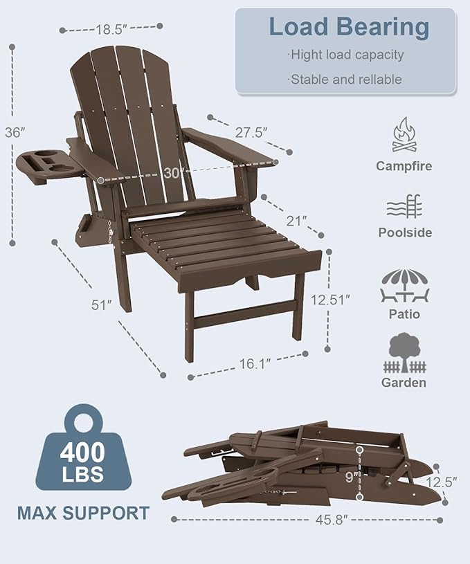 Adjustable Adirondack Chair with Retractable Ottoman Set of 6, HDPE Folding Adirondack Chair with Cup Holder, All Weather Fire Pit Chair for Outdoor.