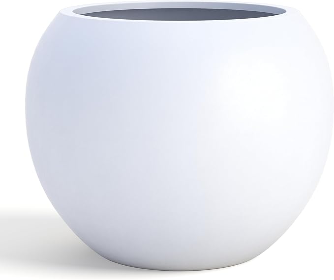 DTY Signature Mount Sherman 19.7''D x 21.7''H Modern Indoor Outdoor Fiberstone Sphere Planter, Durable Round Garden Pot, Weather Resistant, Drainage Hole & Rubber Plug - Large, White