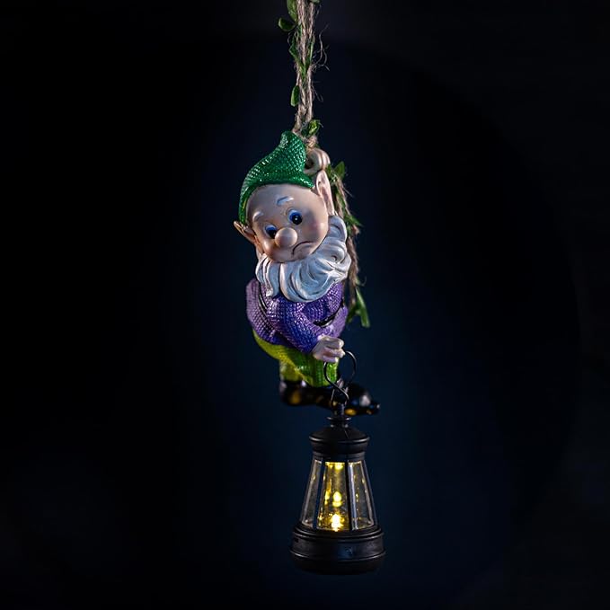 Garden Gnome Solar Lantern Decoration, Outdoor Figurine, Green and Purple, Weather-Resistant Resin
