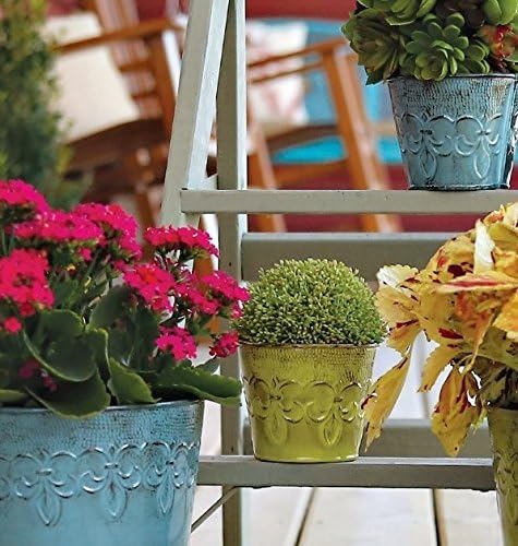 Robert Allen MPT01893 Fluer De Lis Series Metal Bowl Planter Flower Pot, 8", Color Surf Blue