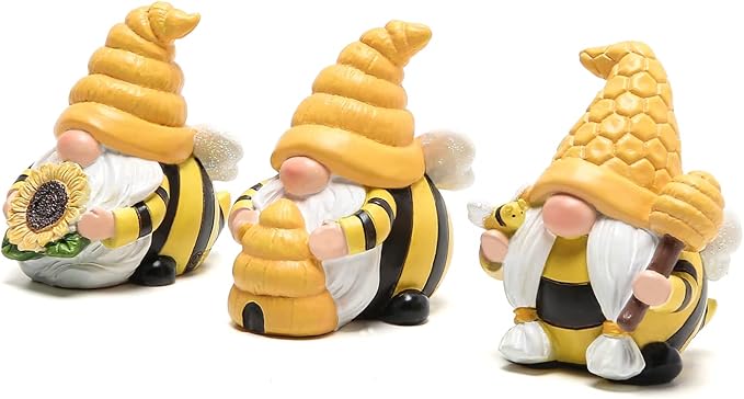 Hodao 3 PCS Bumble Bee Spring Gnome Figurines Decorations Honey Elf Ornaments World Bee Day Decor Gifts for Home, Porch, Yard, Flower Bed Outdoor Garden Decor Gifts for Women, Mom