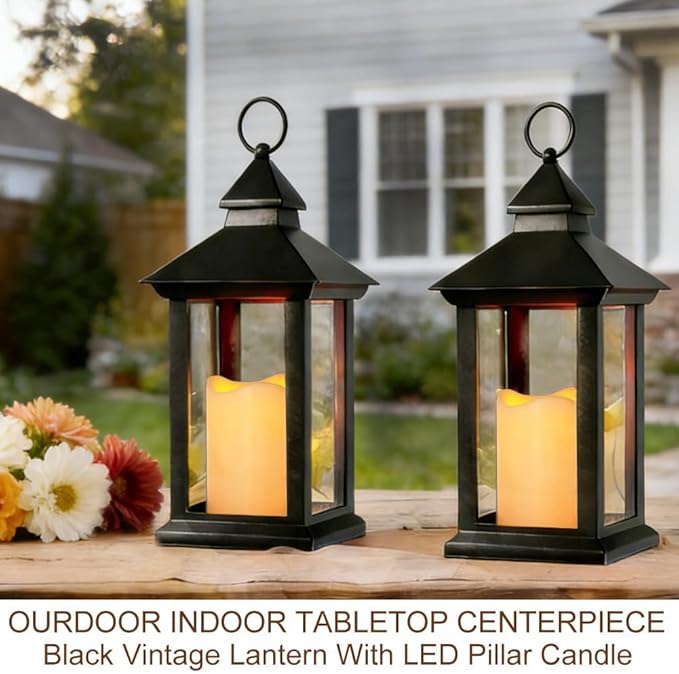 Bright Zeal 2-Pack 14" Decorative Candle Lantern Black Outdoor Lanterns with Timer Candles - IP44 Waterproof Vintage Lanterns Battery Powered LED Decorative for Wedding - Warm White Hanging Wall