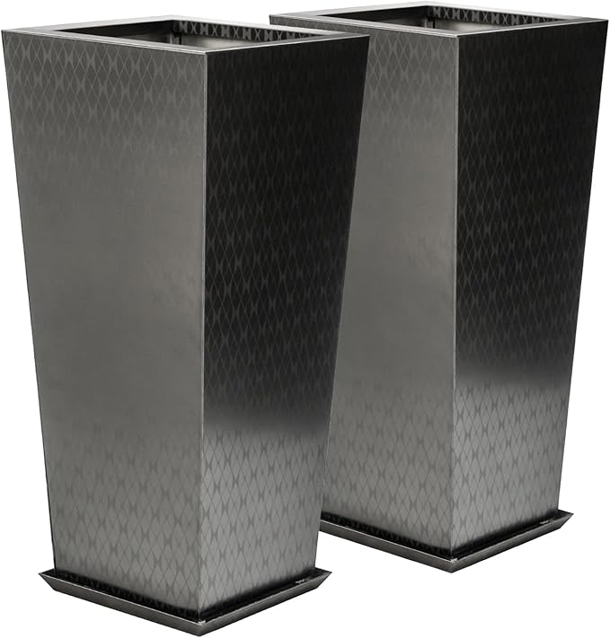 CYC Luxury Stainless Steel Black Taper Tall Planter Box Set of 2 with Mirror Etching No Coating 24”H Top 11” Bottom 8”,Decrative Pot Indoor, Modern Décor for Home,Office,Tall Plants,Trees,Flowers
